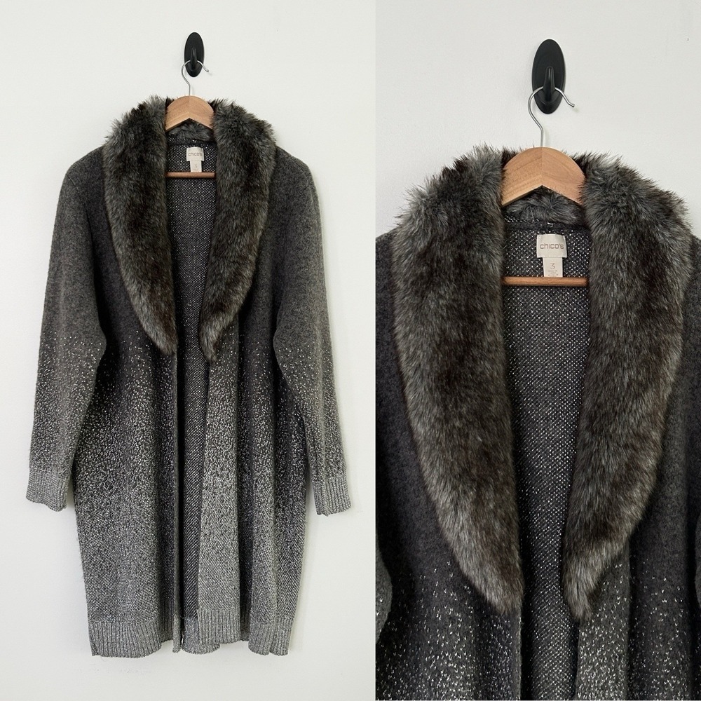 Chico's Women XL Size 3 Grey Silver Ombre Shine Bridgette Sweater Cardigan NWOT